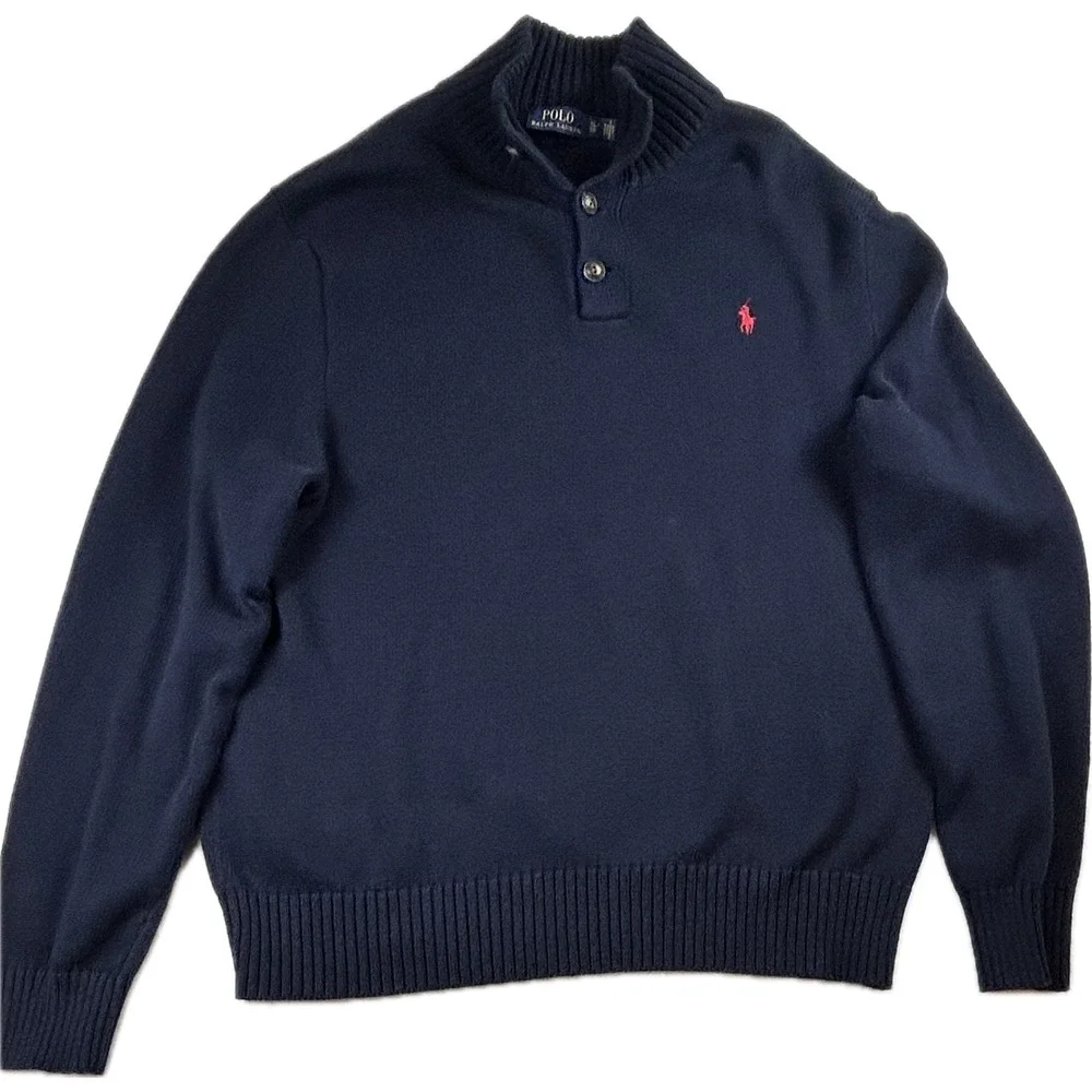 Polo Ralph Lauren Mens XL Navy Blue Cotton Mock Neck Button Sweater Red Pony